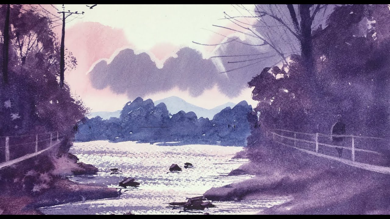 Very easy watercolor landscape lessons for beginners, painting a river.