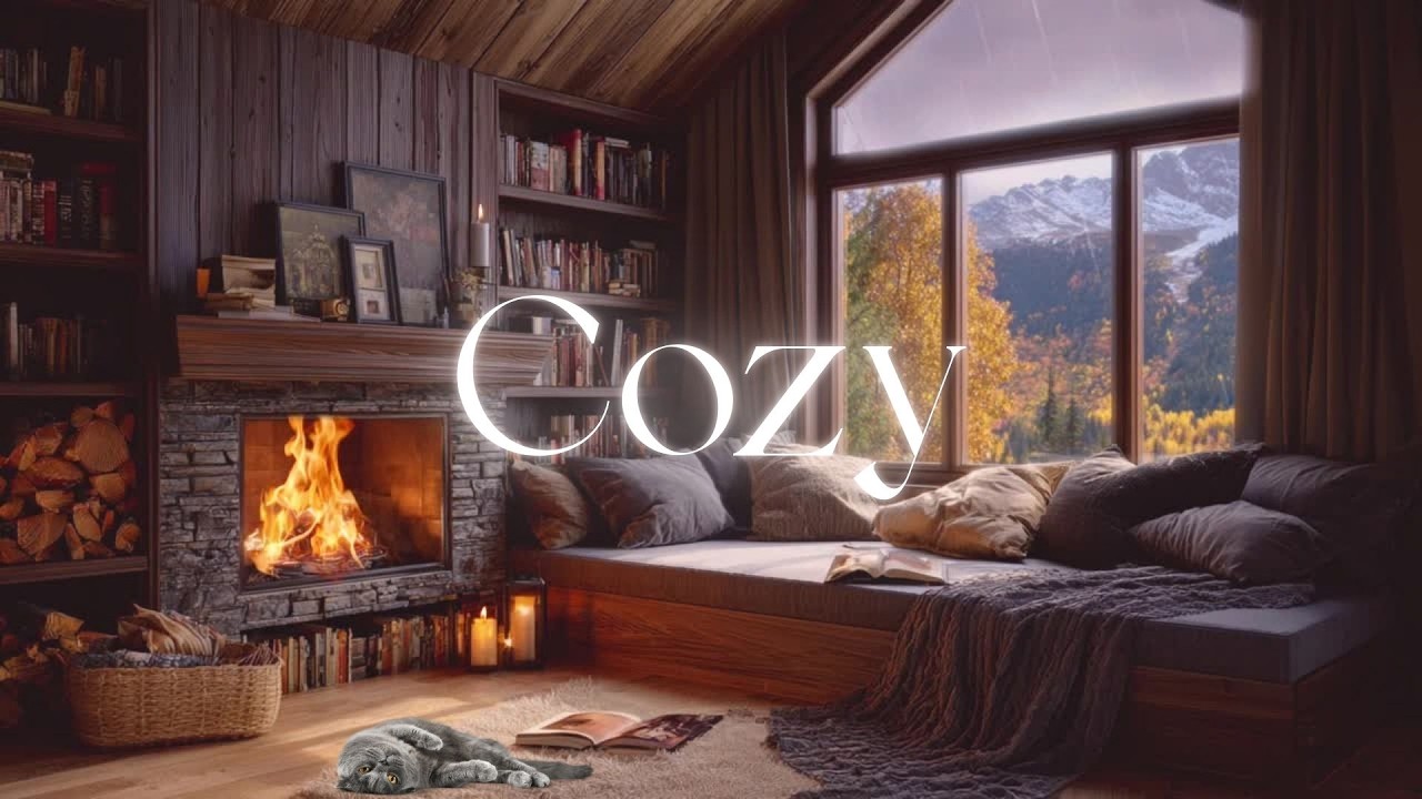 Cozy Rainy Day Reading Nook ☕ 1 Hour Live Wallpaper Fireplace, Rain & Cat Sounds