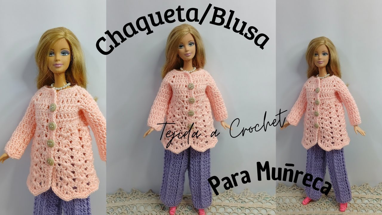 CHAQUETA/BLUSA Manga Larga Tejida a CROCHET para Muñeca