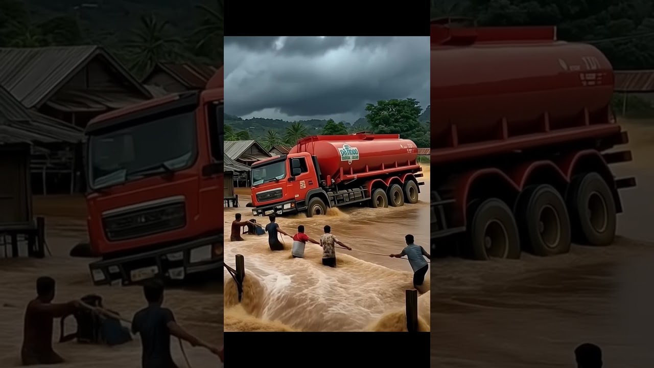 Tanker Truck Almost Swept Away by Flash Flood! 😱🌊 #shorts #trending #viral