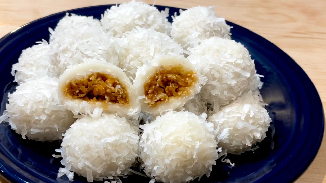 Bánh Bao Chỉ, Mochi Nhân Dừa làm với bột nếp thường không cần hấp | Coconut Mochi, no steam