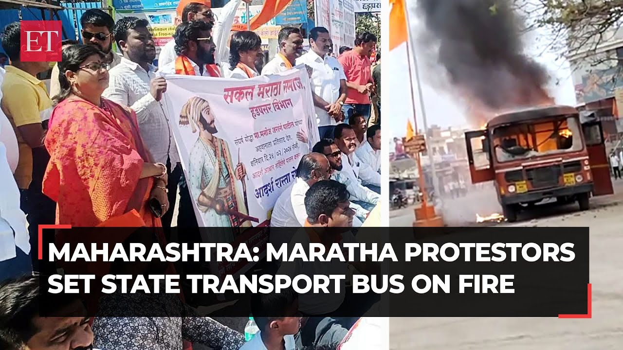 Maratha protestors set state transport bus on fire in Jalna dictrict of Maharashtra