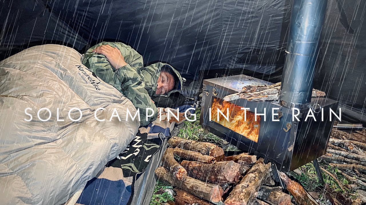HOT TENT RAIN CAMPING IN STORM ⛈️ SOLO RELAXING IN HEAVY RAIN • WOOD STOVE ASMR