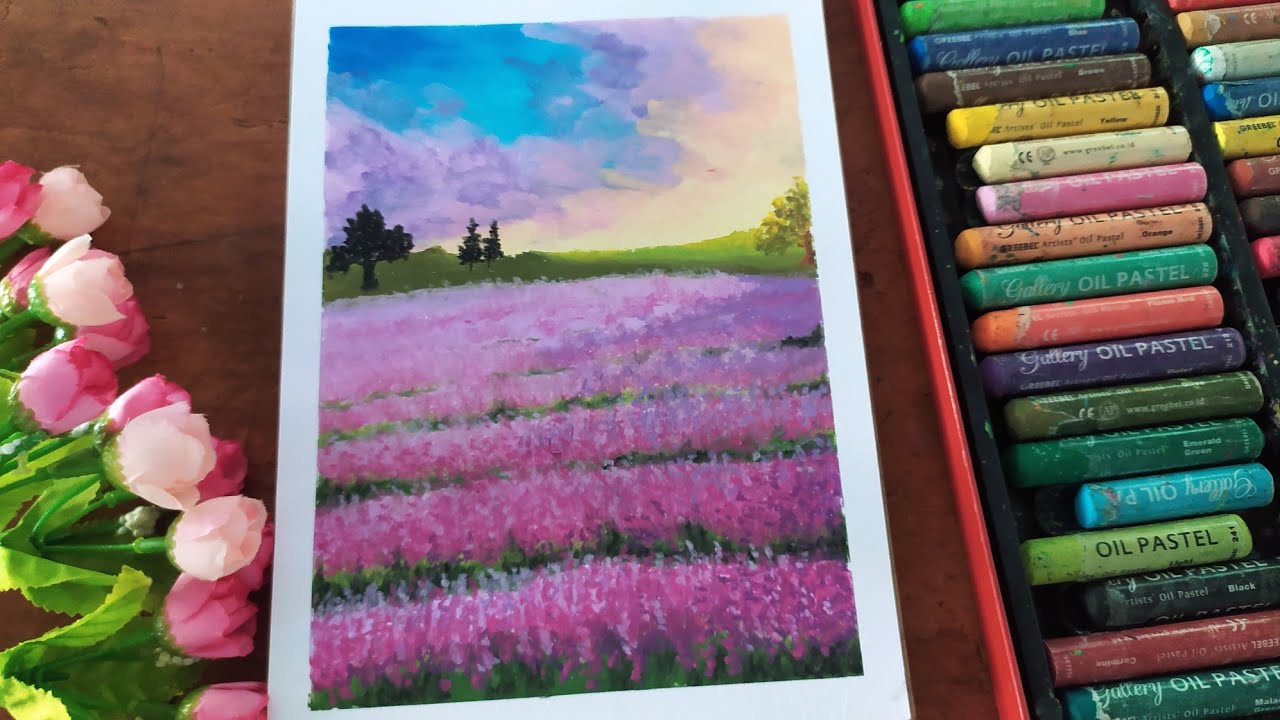 How to draw lavender flowers | Drawing with oil pastel | Cara menggambar pemandangan bunga lavender