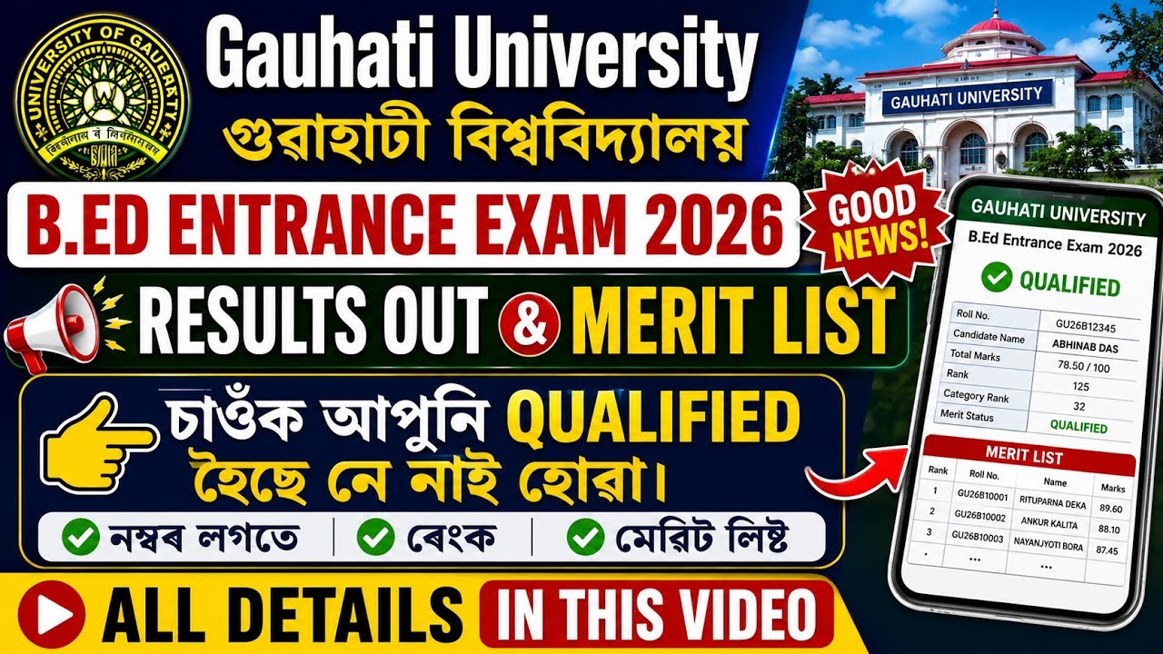 Gauhati University B.Ed Entrance results 2026 | GUBEDCET 2026 Results | GU B.Ed Entrance results 