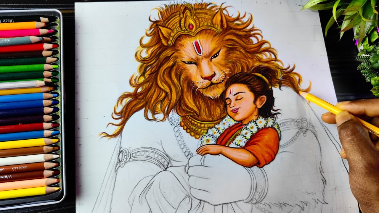Mahavatar Narasimha With Prahlad Drawing Colour, Narsimha & Prahlad Drawing AnimeStyle, Step By Step