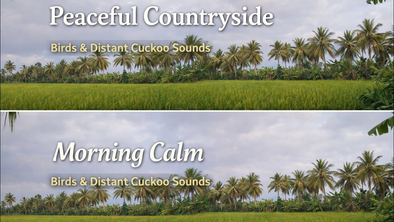 Peaceful Rice Fields Under Coconut Trees | Birds & Distant Cuckoo Sounds