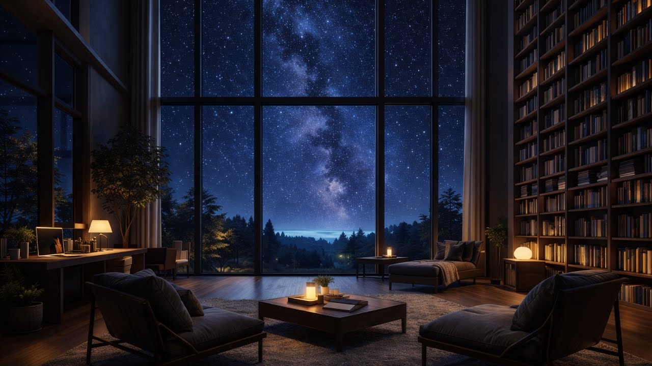 You Are Studying in a Starlit Grand Library | Night Jazz for Focus and Reading