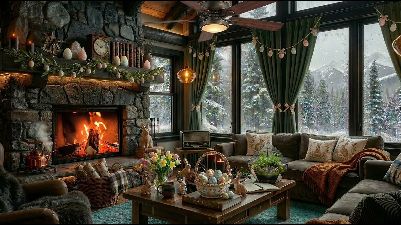 Cozy Easter Lodge Ambience — Pure Crackling Fireplace & Modern Blackwood Decor for Sleep and Study
