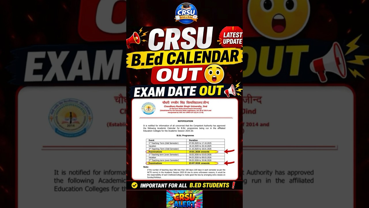 👉 CRSU B.Ed Calendar 2025&ndash;26 😳 | Exam Date OUT | 19 Jan & 03 July 2026