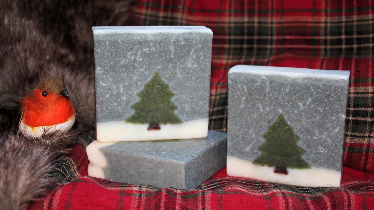 Making Winter Wonderland natural cold process soap with Christmas tree embeds & natural colourants