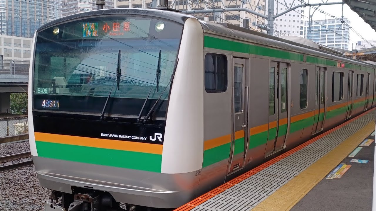 JR東日本湘南新宿ラインE233系3000番台基本編成·E231系1000番台付属編成　特別快速東海道線直通小田原行き武蔵小杉駅出発シーン