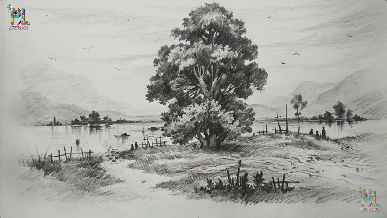 How To Draw and Shade A Tree In A Beautiful Landscape With PENCIL | Step by Step