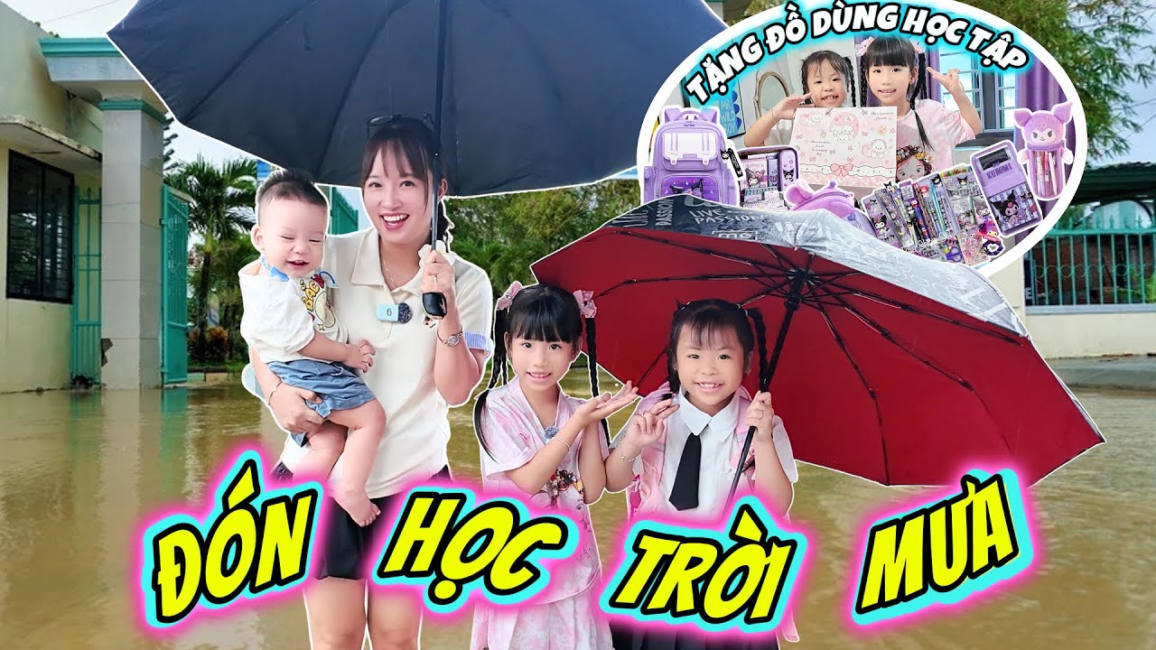 Mưa To Ngập Đường Bí Mật Về Quê Đón Mint Vy Đi Học Về - Mẹ Huế Và MiMi Tặng Mint Vy Đồ Dùng Học Tập