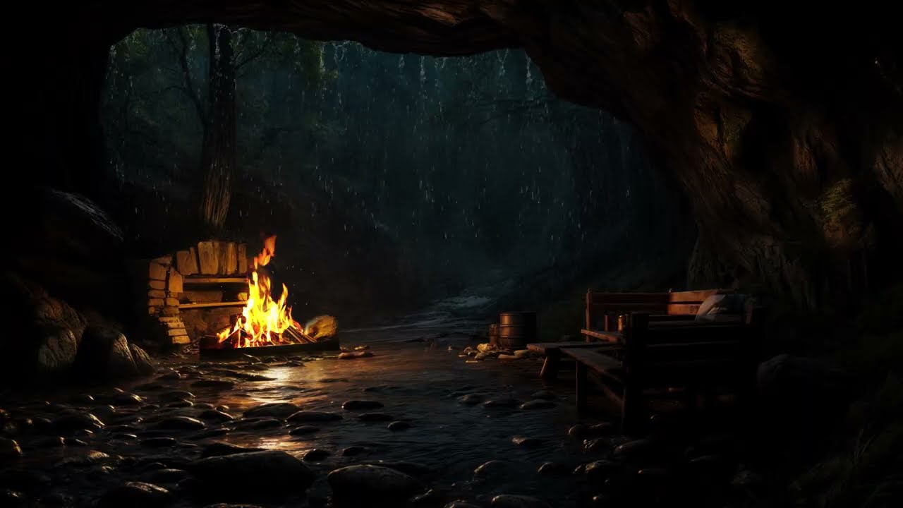 Deep Sleep in a Hidden Cave 🌧️ Cozy Bonfire & Gentle Rain for Peaceful Dreams 🔥😴