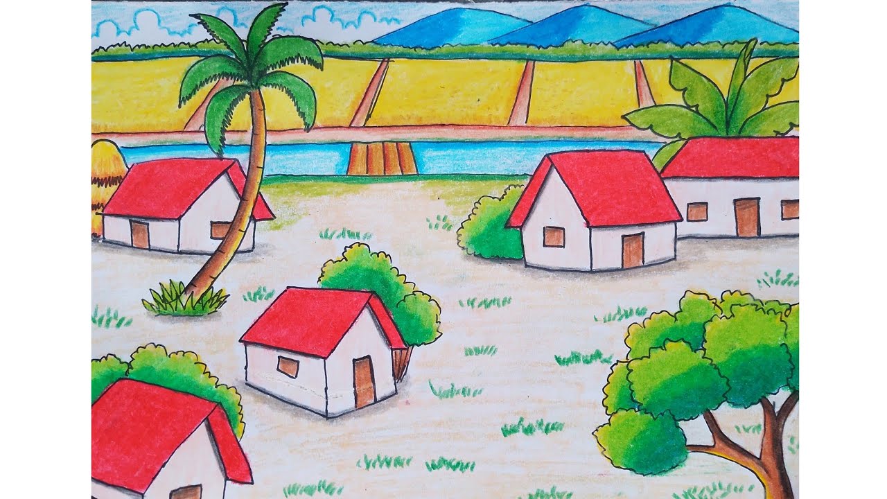 How to draw a village scenery and Beautiful landscape | Very easy drawing landscape