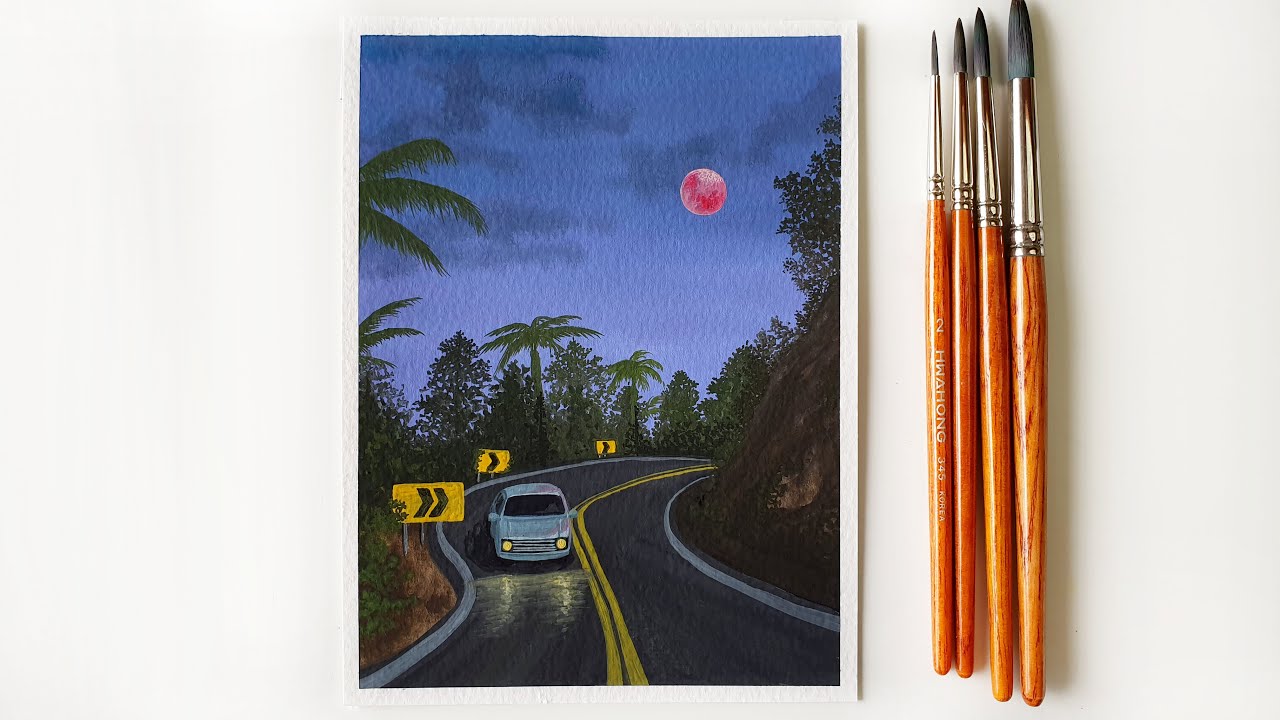 Moonlight Night Landscape Painting with Poster Color