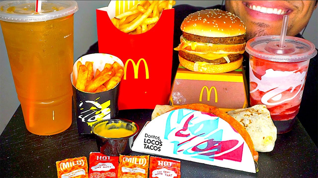 asmr mcdonald’s vs taco bell big mac doritos locos tacos burrito nacho cheese fries freeze eating so