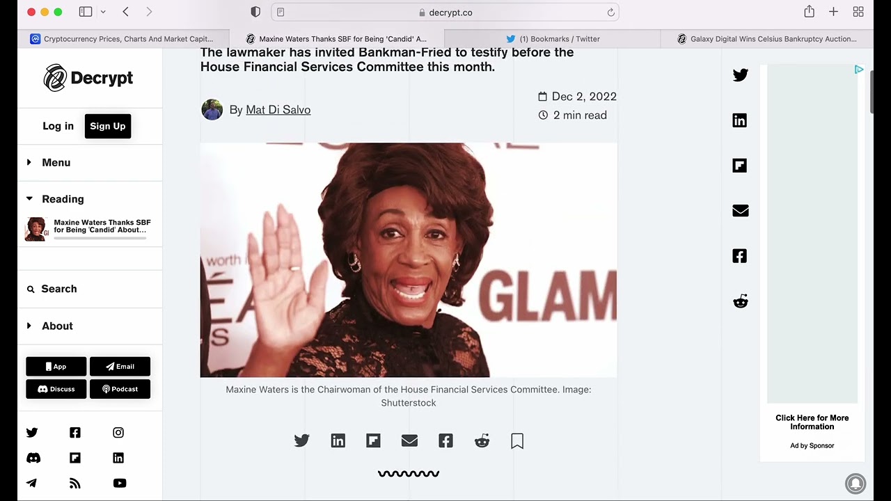 Maxine Waters response to SBF interview, Ankr in trouble, Celsius Assets Aution