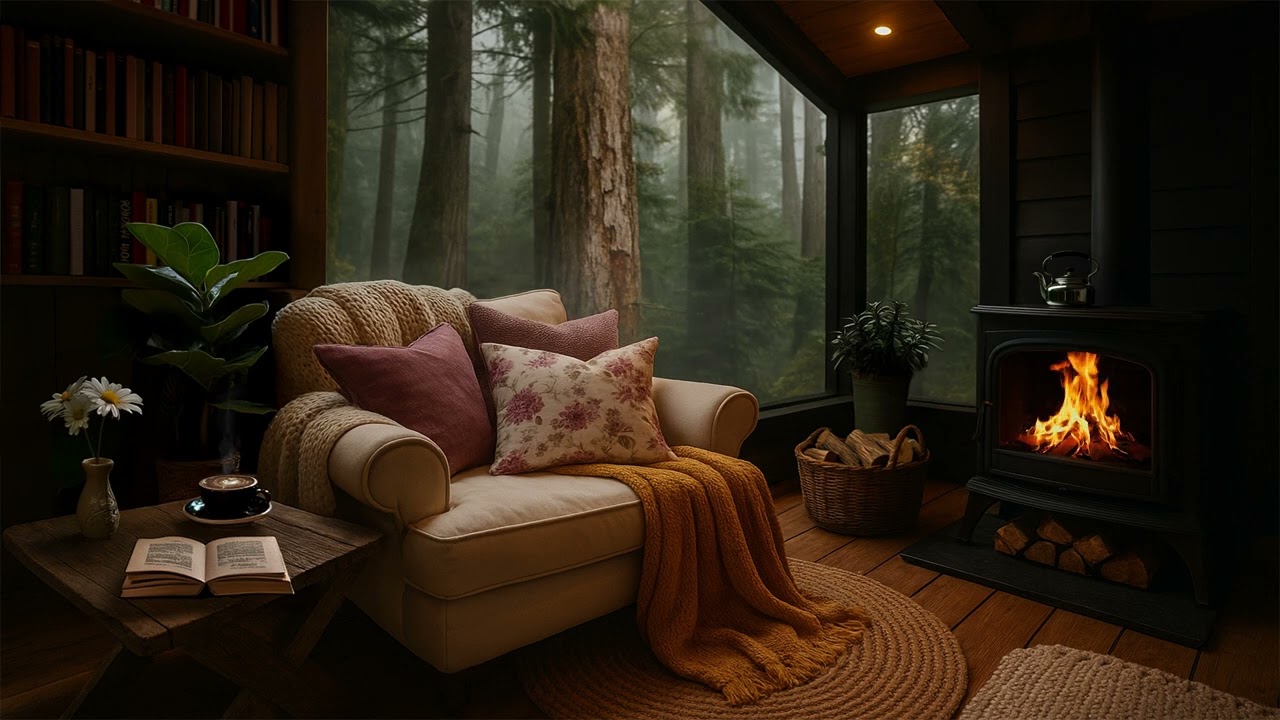 Cozy Forest Cabin Fireplace Ambience | Peaceful Reading Nook with Fireplace Sounds Only