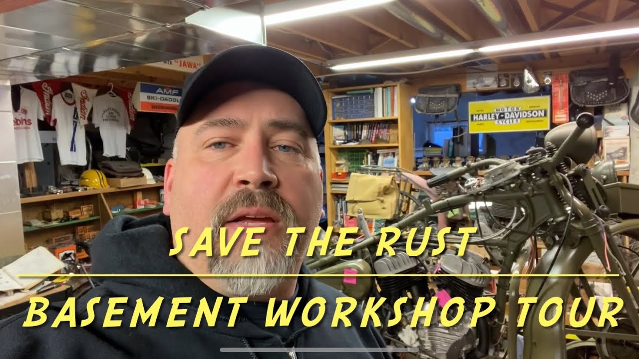 Motorcycle workshop tour , projects on the go, collectibles, antique parts and unique items .