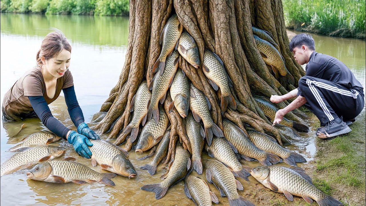 Harvesting Fish Stranded in Tree Roots &ndash; Surreal Scene in Vietnamese Countryside... Can You Eat It?