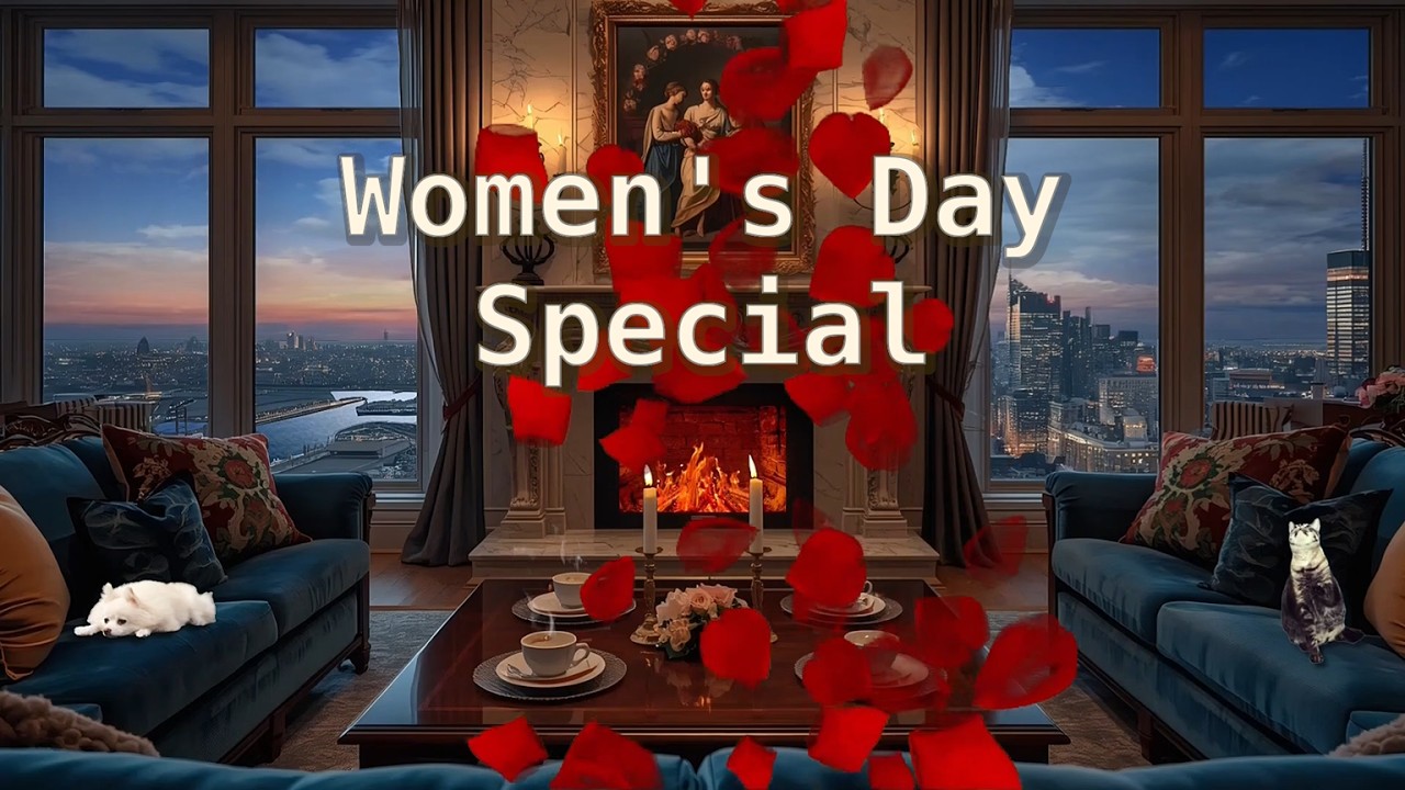 Metropolitan Muse: Women's Day Jazz, Crimson Petals & Cozy Riverside Glow, Tabby Cat & Corkie Dog