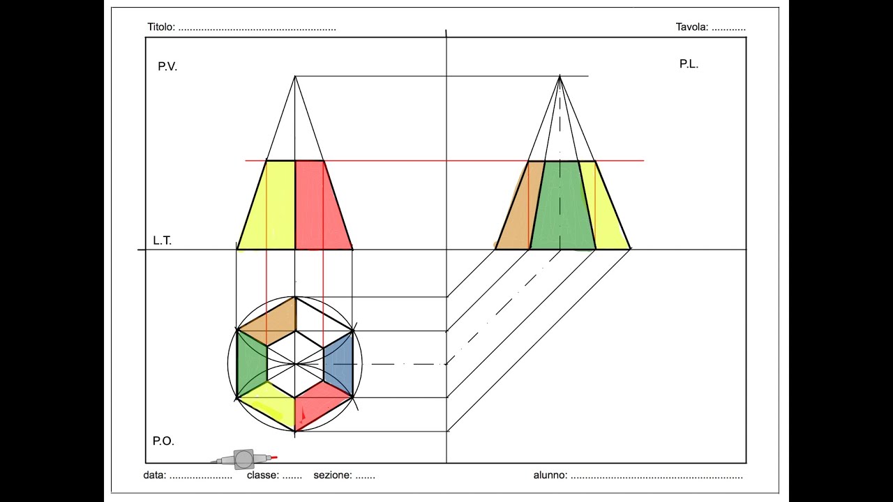 PROIEZIONI ORTOGONALI DI UNA PIRAMIDE A BASE ESAGONALE SEZIONATA.