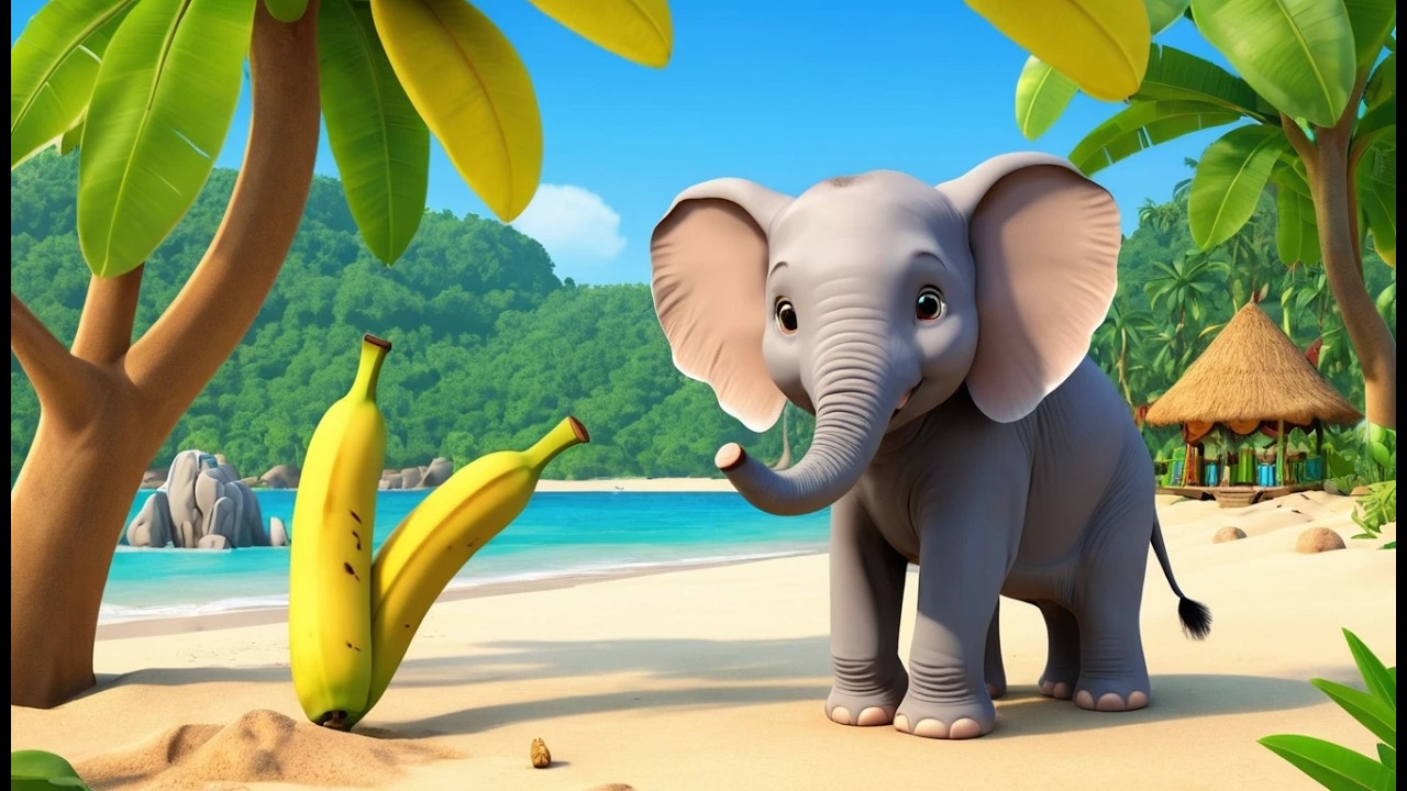 Слоненок ухаживает за банановыми деревьям