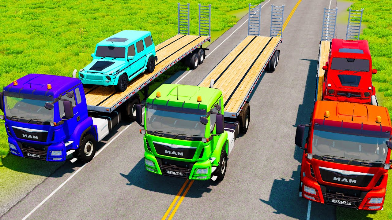 Flatbed Trailer McQueen Transportation with Truck - Speedbumps vs Cars vs Train - BeamNG.Drive #09