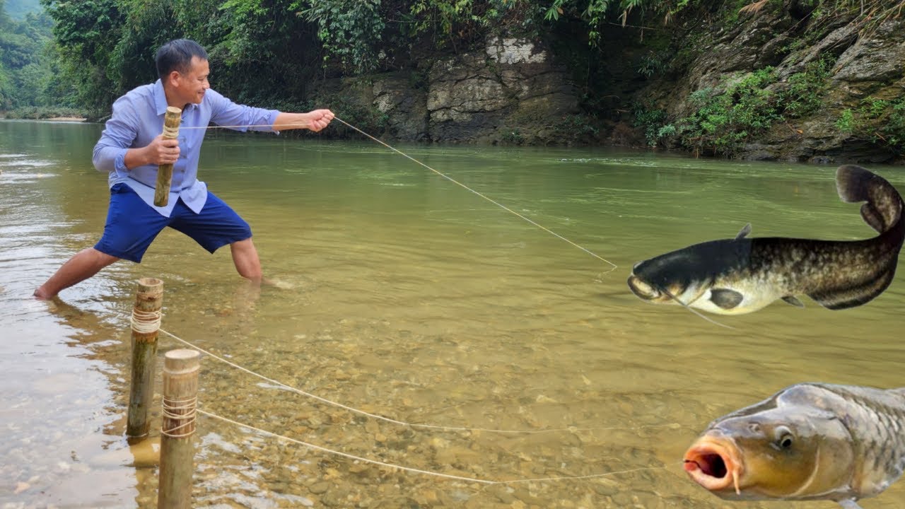 Fishing with bamboo tubes. Unexpectedly caught a big fish in the stream.