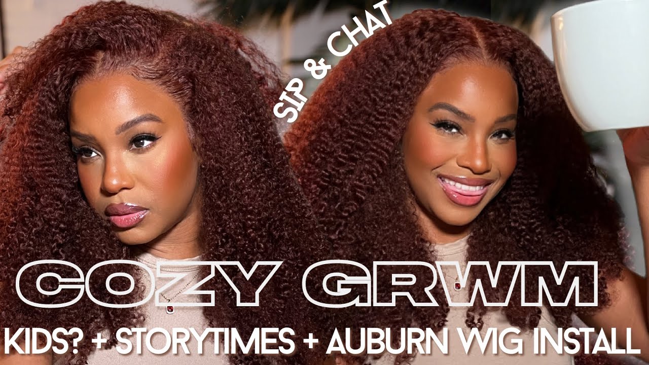 GRWM | *cozy night in* KINKY CURLY AUBURN WIG install + makeup| OMGHERHAIR | alwaysameera