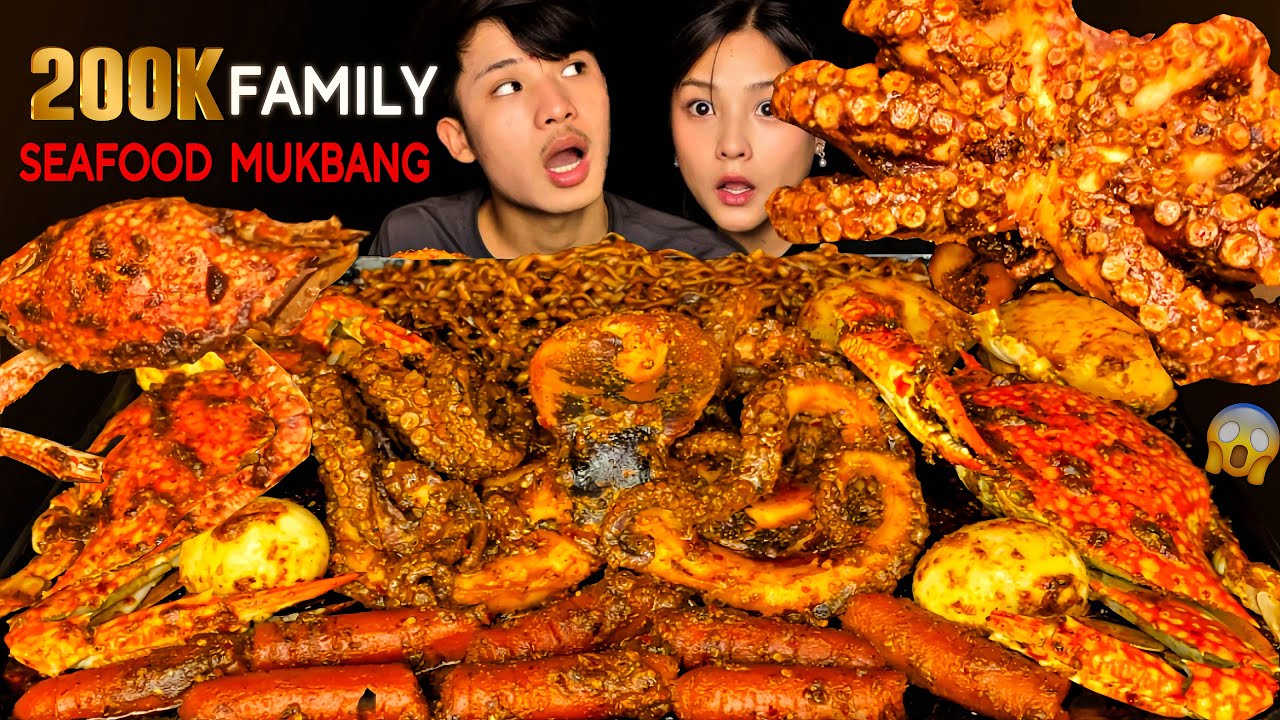 ОСТРЫЙ МУКБАНГ С МОРЕПРОДУКТАМИ😱БЕЗУМНЫЙ ОСЬМИНОГ🐙КРАБ🦀ОГНЕННАЯ ЛАПША ИЗ ЧЕРНЫХ ФАСОЛЕЙ С ПИВОМ |...