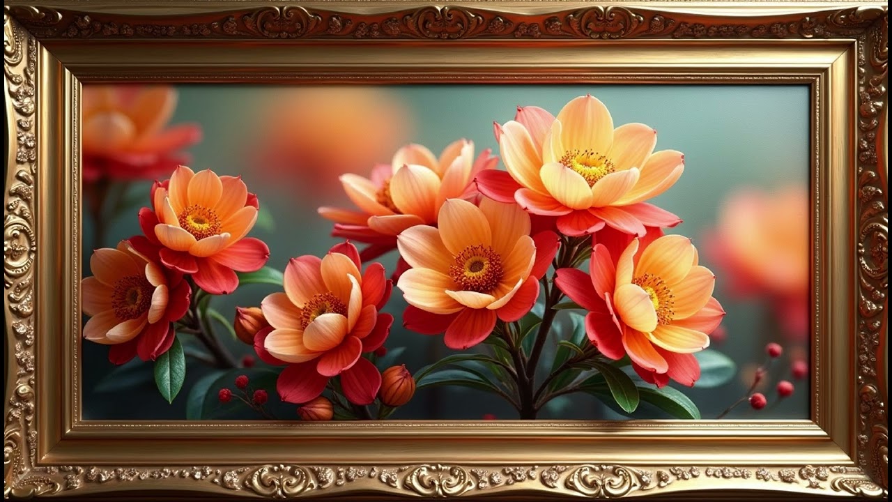 Floral Art Screensaver For Your Tv 3D Flowers | Vintage Gold Frame Wallpaper Background Samsung 4K