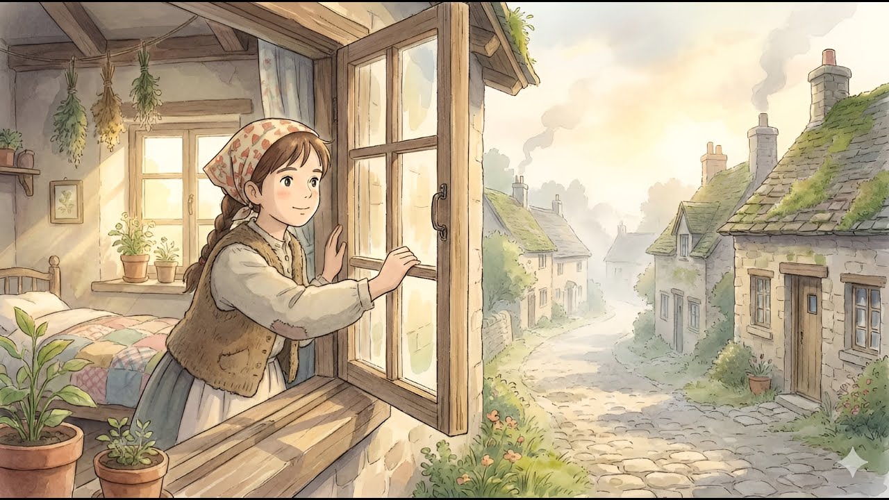 A Slow Morning in the Old Village, When Roosters Call and Doors Open Quietly../Ghibli Stlye