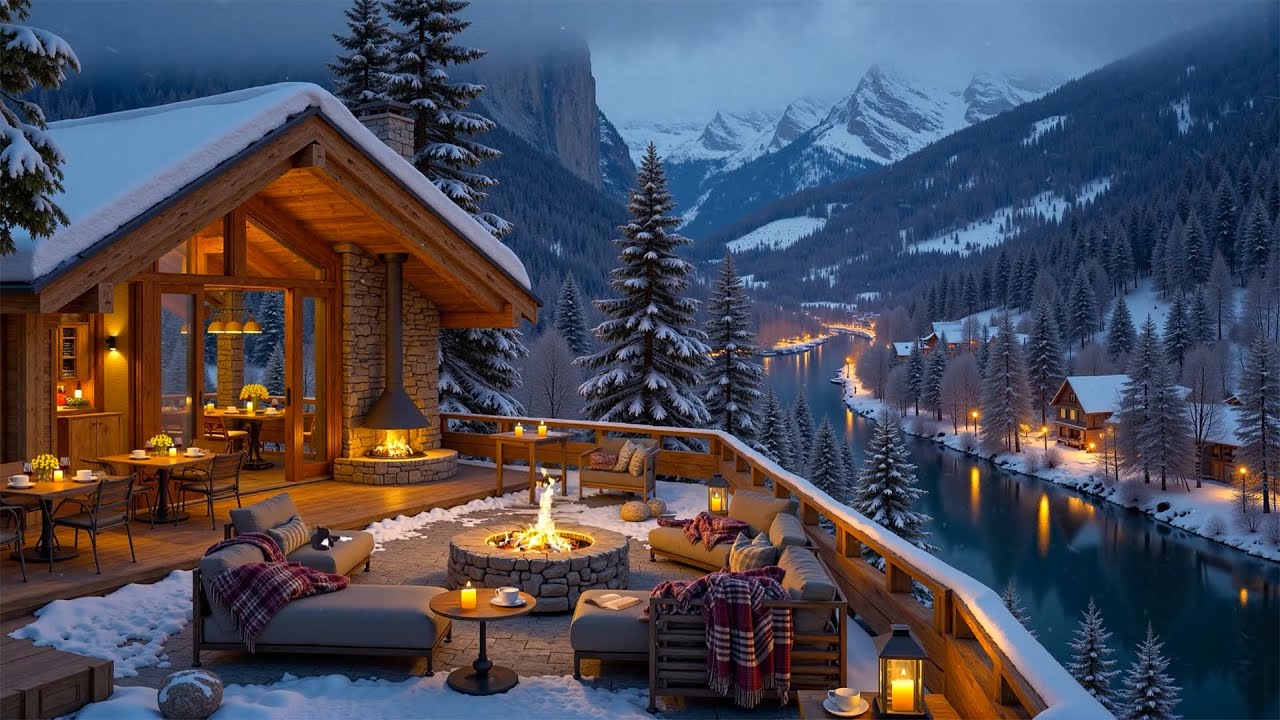 Relaxing Night Jazz in a Snowy Café Terrace with Cozy Fireplace | Jazz Instruments for Deep Focus ☕