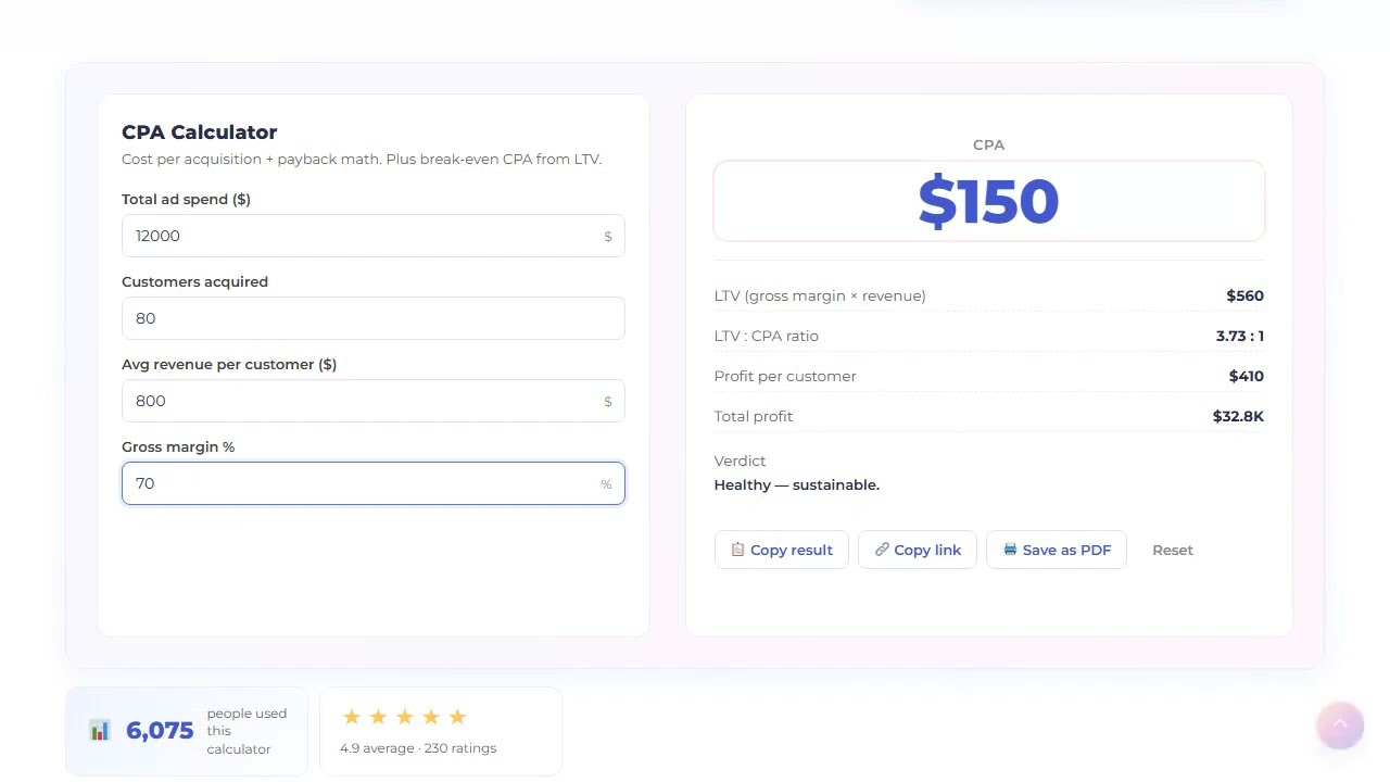 CPA calculator &mdash; How to calculate cost per acquisition with LTV ratio | FREE