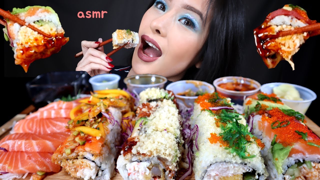 ASMR EATING SUSHI FEAST | SALMON SASHIMI, MANGO ROLL, DRAGON ROLL, SUMMER ROLL MUKBANG