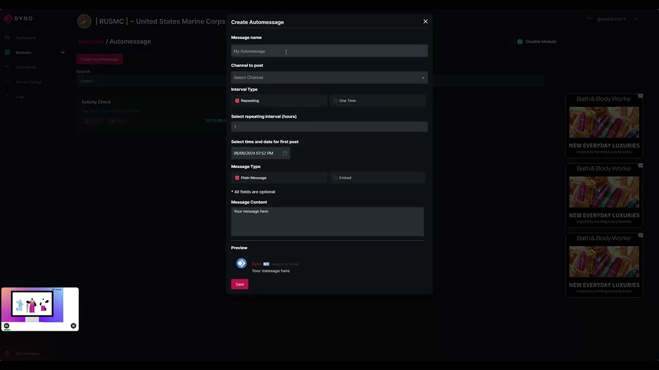 How to make a Dyno timed auto-message