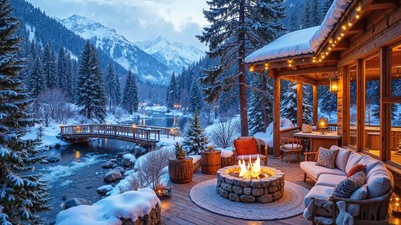 Cozy Winter Riverside Cabin Porch ❄️ Soft Piano Music, Fireplace & Snowfall Ambience for Relaxation