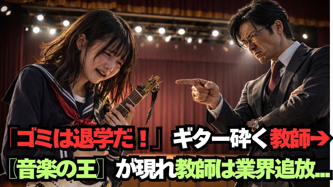 【スカッと】地味な女子高生と見下し、形見のギターを壊した教師「ゴミは去れ」→客席にいた『伝説のプロデューサー』の正体に腰を抜かすことにw