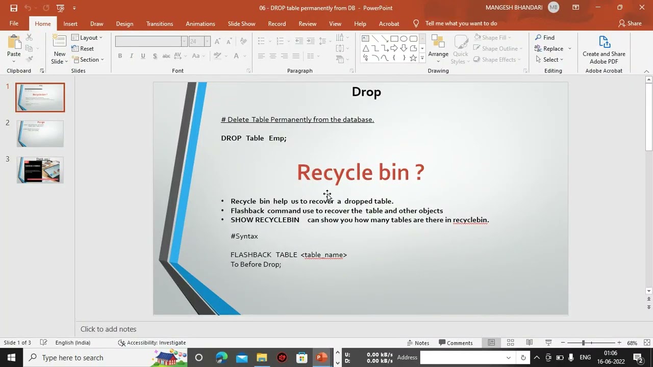 13   Recyclebin in Oracle   delete table from DB