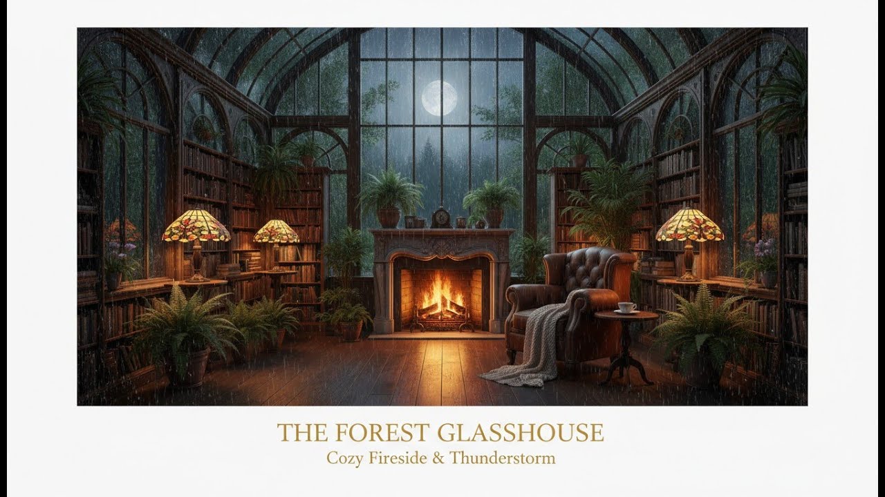 The Forest Glass House 🌲 | Heavy Rain on Glass & Crackling Fireplace | 1.5 Hours Deep Sleep