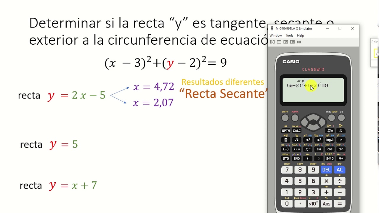 RECTA SECANTE, TANGENTE O EXTERIOR A UNA CIRCUNFERENCIA (Calculadora)