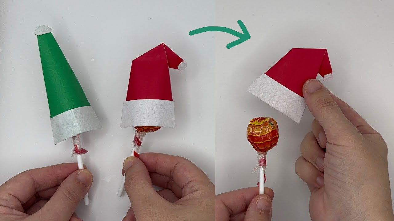 크리스마스 사탕 포장하기🍭 츄파춥스 막대사탕 선물포장 산타모자 색종이한장 색종이접기