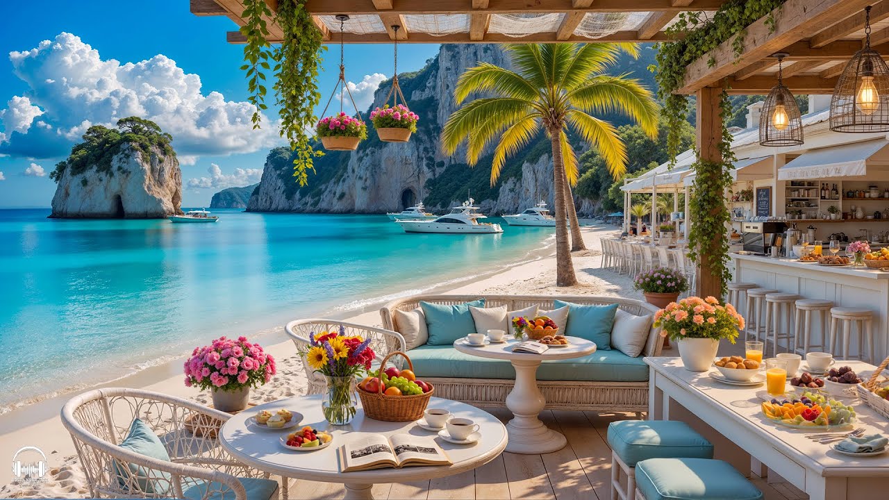 Tropical Beach Cafe Ambience with Positive Bossa Nova Jazz Music & Ocean Waves for Stress Relief