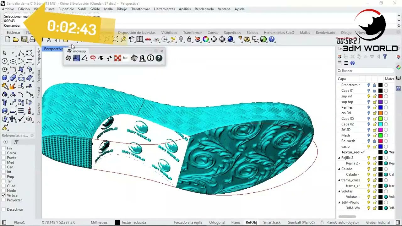 Texturas 3D en apenas 2:43 minutos! Increible ! Usé MOVEUP para Rhino 8 y una laptop antigua !!!
