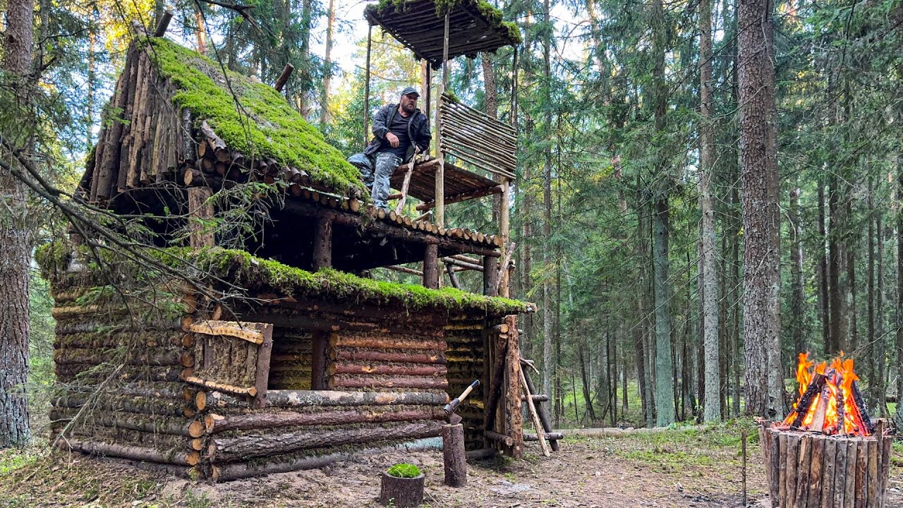 Return to My Forest Camp After a Year. Building a Watchtower and a Fire Pit by the Cabin
