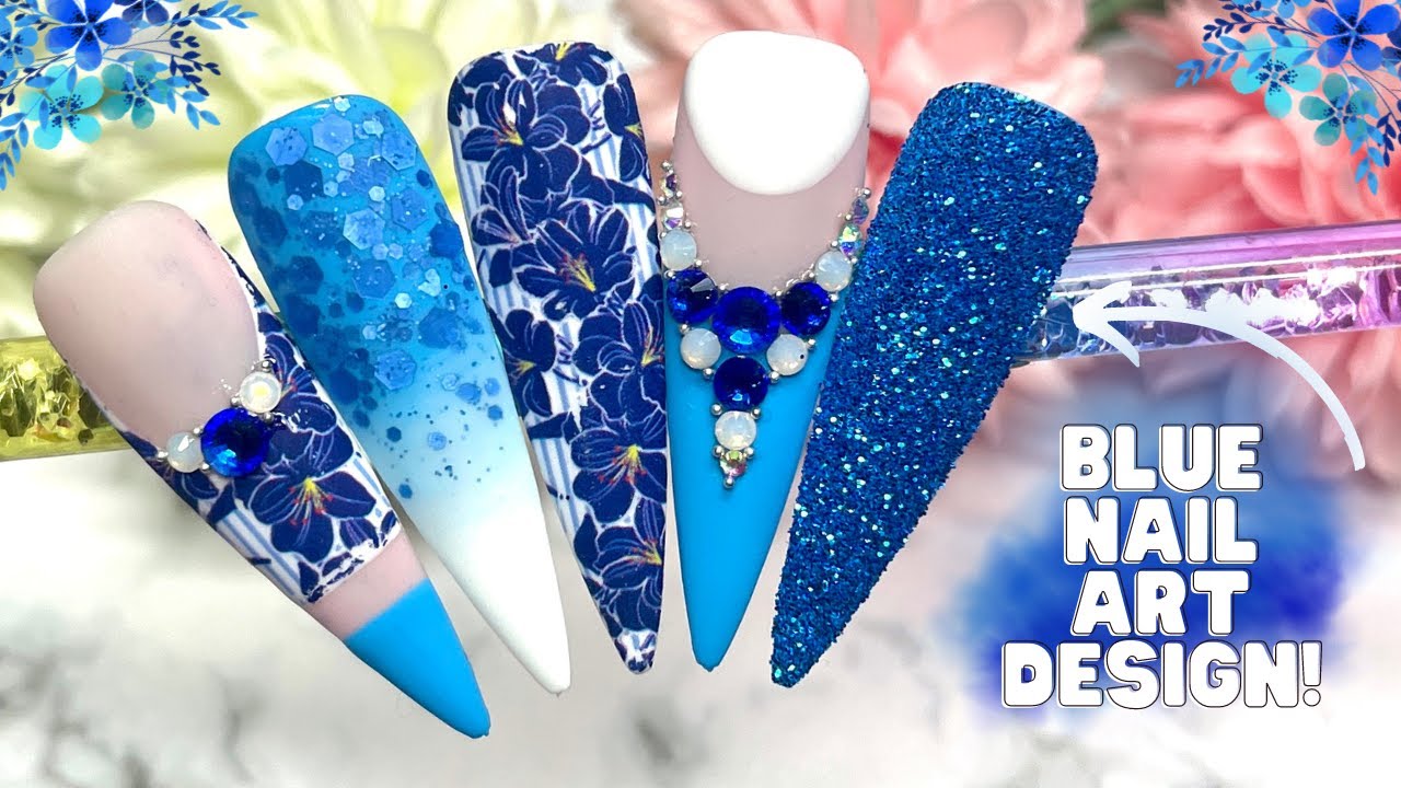 BLUE TRANSFER FOIL NAIL ART DESIGN| FLORAL NAIL ART| MADAM GLAM