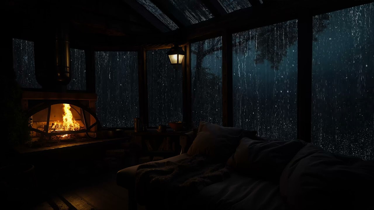Soft Rain and Fire Sounds to Relaxation at Cozy Night in Cabin Forest Ambience